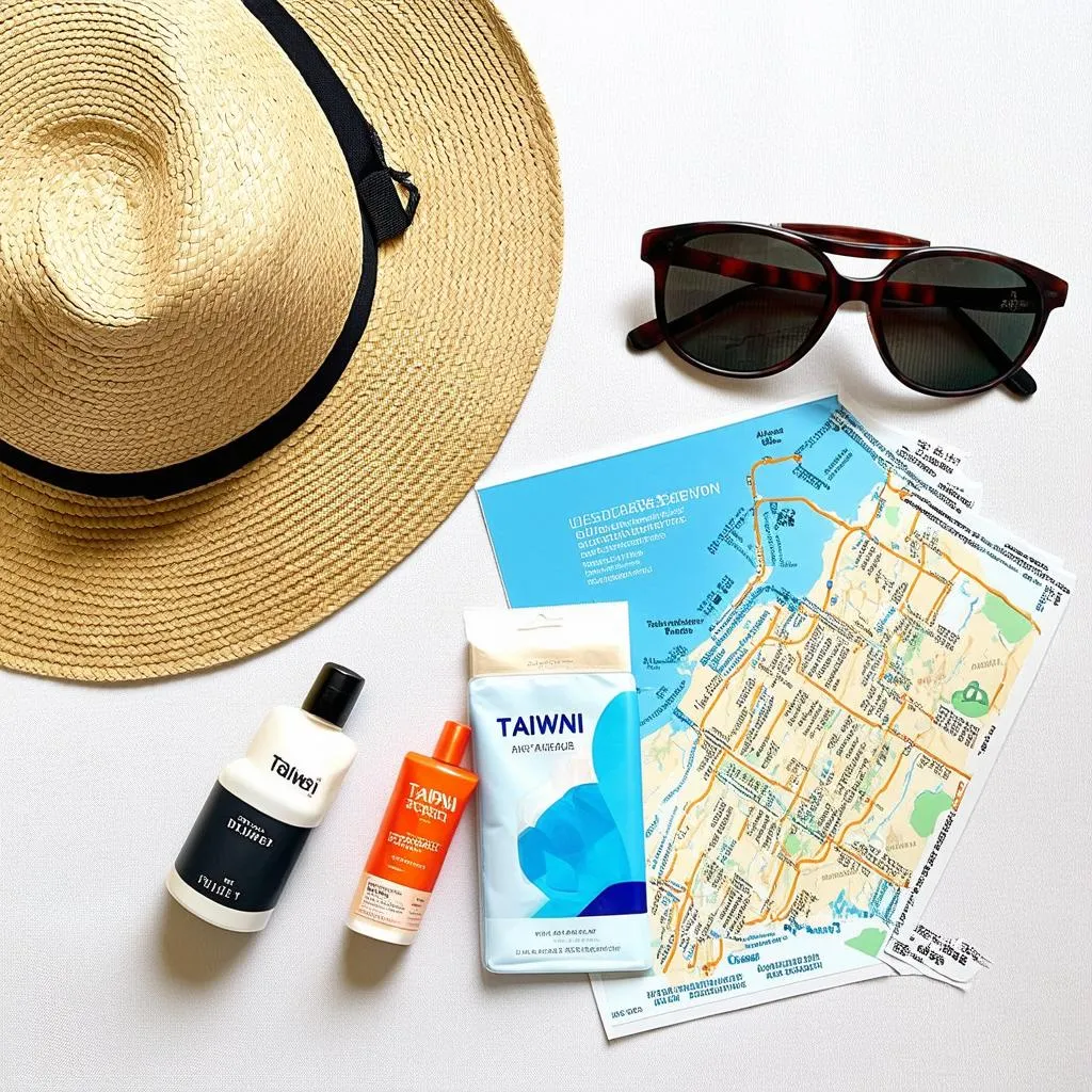 Packing essentials for Taiwan including an umbrella, a hat, sunscreen, and sunglasses.